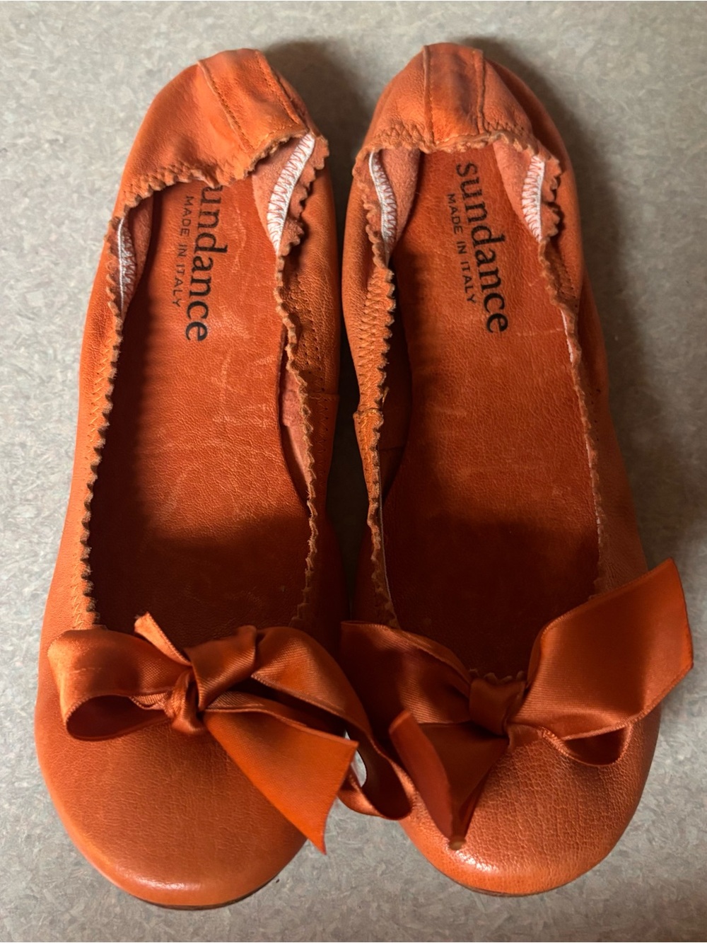 Sundance Orange Leather Scalloped Edge Satin Bow Boho Cottage Ballet Flats 38/8
